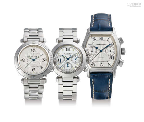 Cartier and Girard Perregaux, Three Stainless Steel Automatic Wristwatches