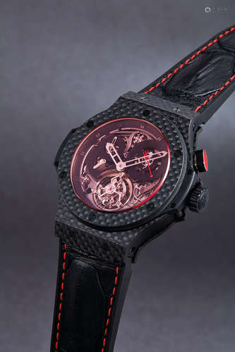 Hublot, A Very Rare Limited Edition Carbon Fibre Tourbillon Single-Button Chronograph Skeletonised Wristwatch with Power Reserve