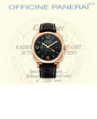 Panerai, A Very Rare Red Gold 10-Day Automatic Dual Time Cushion-Form Wristwatch with Date and Day-Night Indication