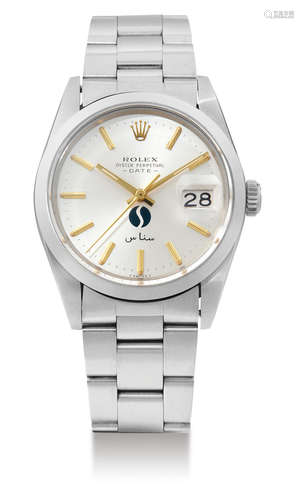 Rolex, A Rare Stainless Steel Automatic Centre Seconds Wristwatch with Date and Bracelet, Special Dial with Middle Eastern SNAS Aviation Company Emblem