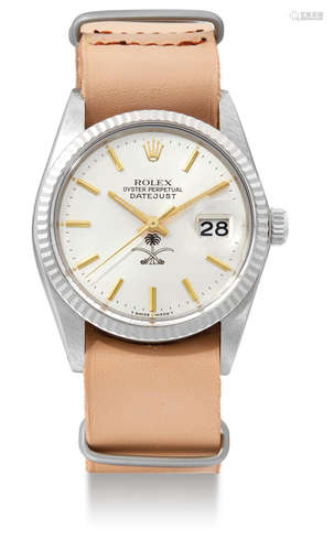 Rolex, A Rare Stainless Steel Centre Seconds Automatic Wristwatch with Date, Special Dial with Middle Eastern Royal Crest Emblem