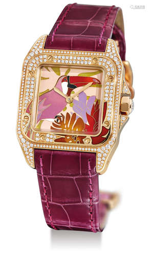 Cartier, A Very Rare Lady's Limited Edition Yellow Gold, Diamond-Set and Multi-Coloured Enamel Automatic Wristwatch with Cloisonné Enamel Dial