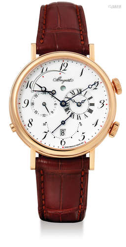 Breguet, A Rare Boutique Limited Edition Pink Gold Automatic Dual Time Wristwatch with Alarm, Date, Power Reserve Indication and Enamel Dial