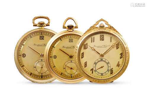 International Watch Co., Three Pre-War Yellow Gold Open-faced Keyless Pocket Watches