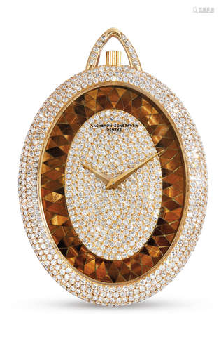 Vacheron Constantin, A Very Rare Yellow Gold, Diamond and Tiger's Eye Keyless Pendant Watch