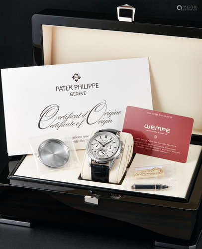 Patek Philippe, A Fine White Gold Perpetual Calendar Chronograph Wristwatch with Phases of the Moon