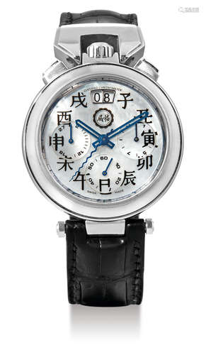 Bovet, A Fine White Gold Automatic Chronograph Wristwatch with Date and Mother-of-Pearl Dial with Chinese Hour Markers