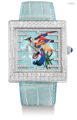 Corum, A Very Rare and Unique Lady's White Gold and Diamond-Set Square Wristwatch with Enamel Dial