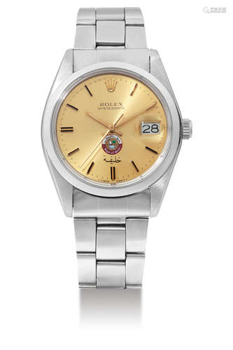 Rolex, A Rare Stainless Steel Centre Seconds Wristwatch with Date and Bracelet, Special Champagne Dial with State of Qatar Emblem