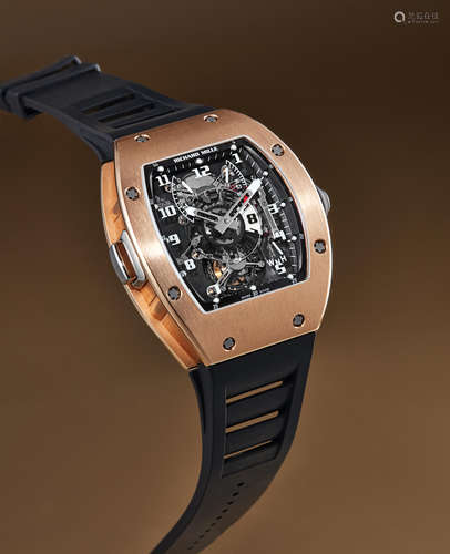 Richard Mille, A Rare Pink Gold Semi-Skeletonised Dual Time Zone Tourbillon Wristwatch with Power reserve and Torque indicators