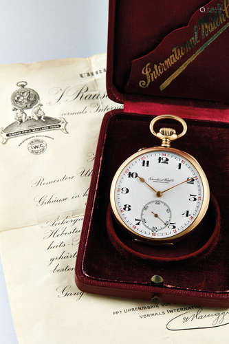 International Watch Co., A Pink Gold Open-faced Pocket Watch with Original Certificate and Presentation Case