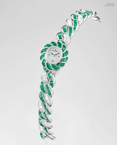 Case by Audemars Piguet, Bracelet by Moussaieff, A Very Rare Lady's White Gold, Diamond and Emerald-Set Bracelet Watch