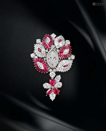 Audemars Piguet, A Very Rare and Unique White Gold, Diamond and Ruby-set Timepiece Brooch