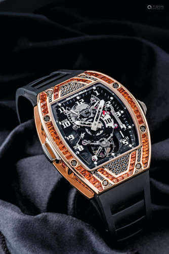 Richard Mille, An Extremely Rare and Unique Pink Gold, Orange Sapphire and Black Diamond Two Time Zone Tourbillon Semi-Skeletonised Wristwatch with Power Reserve and Torque Indicators