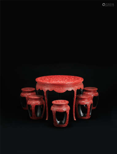剔红圆桌 椅子 一组