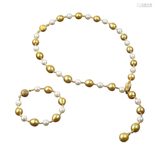 天然巴羅克金色海水珍珠項鏈及手鏈套裝