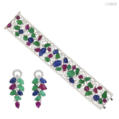 祖母綠、紅寶石、藍寶石配鑽石「水果錦囊」手鏈及耳環套裝