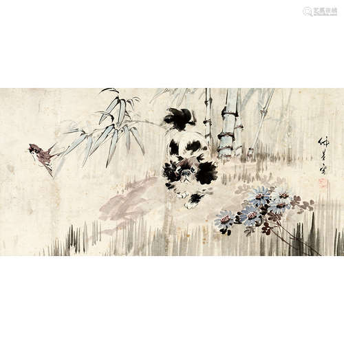 穆仲芹（1906-1990） 犬戏图 纸本设色 镜框