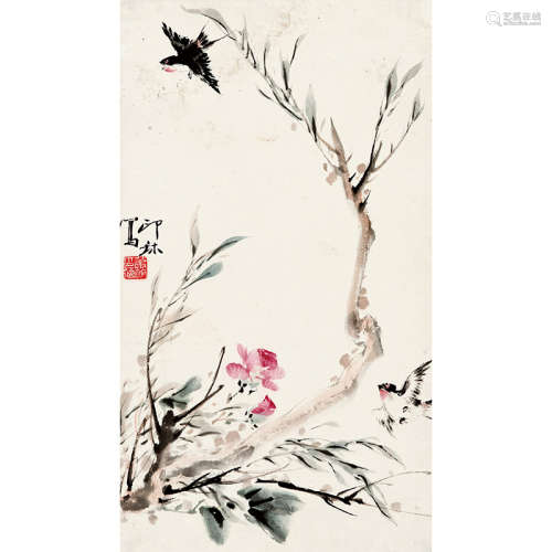 萧朗（1917-2010） 花鸟 纸本设色 镜心