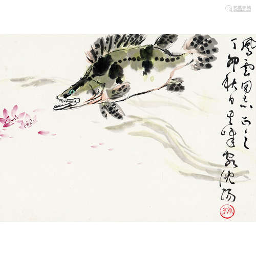 1987 年作 孙其峰（b.1920） 桃花流水鳜鱼肥 纸本设色 镜框