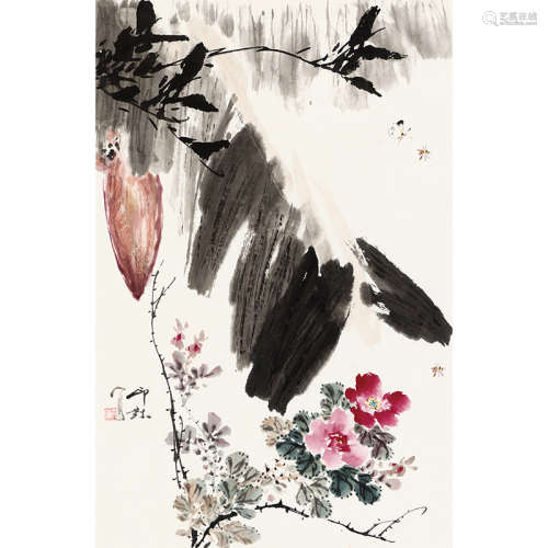萧朗（1917-2010） 花卉草虫 纸本设色 镜片