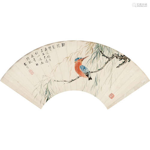 1950 年作 李鹤筹（1891-1974） 柳阴翠羽 纸本设色 镜框