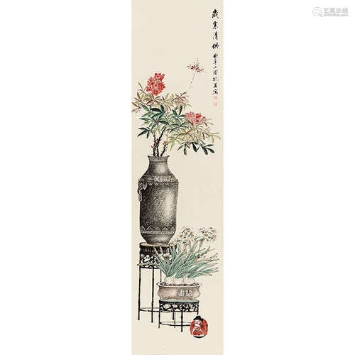 孔小瑜（1899-1984） 岁寒清供 纸本设色 立轴