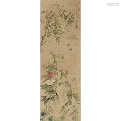 1844 年作 董琬贞（1776-1849） 花卉草虫 纸本设色 立轴