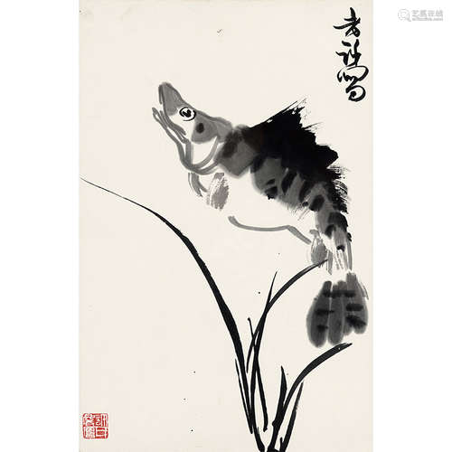 许麟庐（1916-2011） 鱼 纸本水墨 镜框