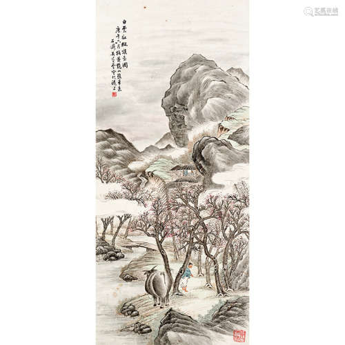 1870 年作 吴石仙（1845-1916） 白云红树读书图 纸本设色 立轴