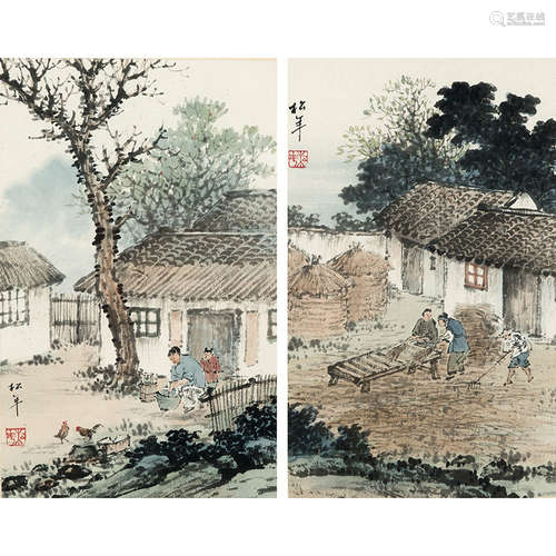 袁松年（1895-1966） 小品两桢 纸本设色 镜框