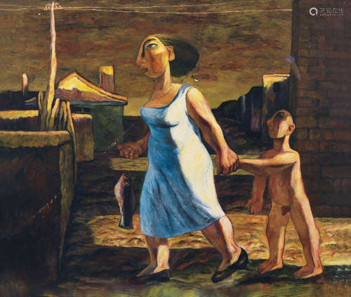 徐晓燕 1990年作 拉着孩子的女人 布面油画