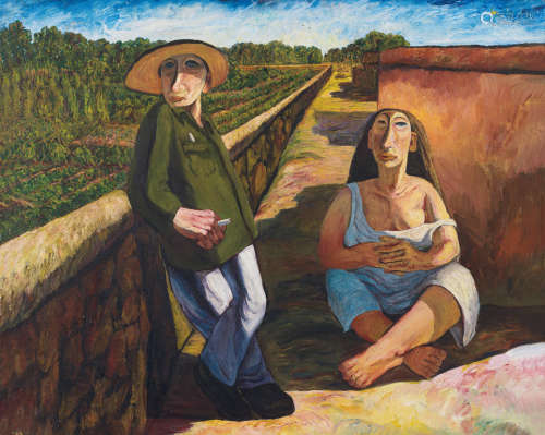 徐晓燕 1990年作 坐着的女人和抽烟的男人 布面油画