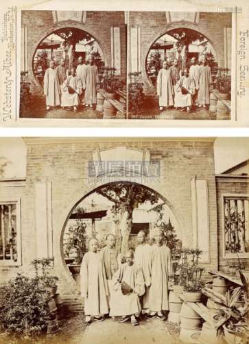 阿芳 1880s 广州花园五男子合影及立体照（2张） 蛋白照片