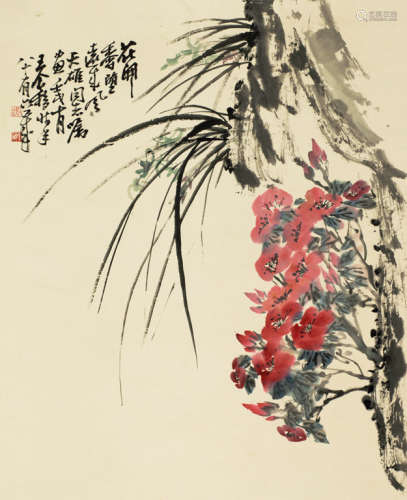 王个簃（1896～1988） 壬戌（1982年）作 花开香堕远来风 立轴 设色纸本