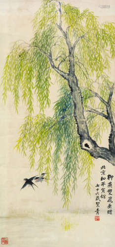 胡絜青（1905～2001） 柳燕双飞 立轴 设色纸本