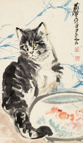 黄胄（1925～1997） 甲子（1984年）作 猫 立轴 设色纸本