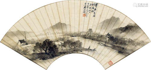 吴石仙（1845～1916） 庚寅（1890年）作 烟雨图 镜框 设色纸本