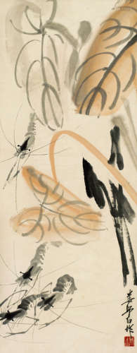 娄师白（1918～2010） 芋叶游虾 立轴 设色纸本