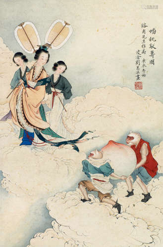 刘凌沧（1908～1989） 庚辰（1940年）作 蟠桃献寿图 立轴 设色纸本