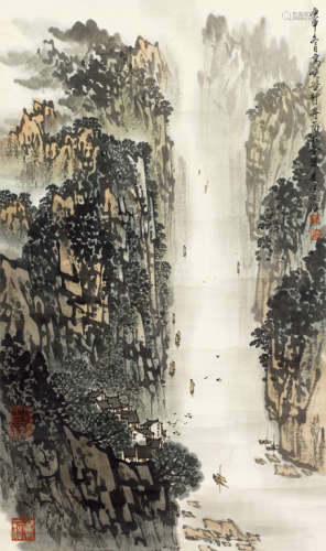 宋文治（1919～2000） 庚申（1980年）作 峡谷行舟图 镜心 设色纸本