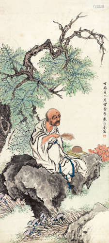袁培基（1870～1943） 丁酉（1897年）作 钵僧诵经图 镜心 设色纸本