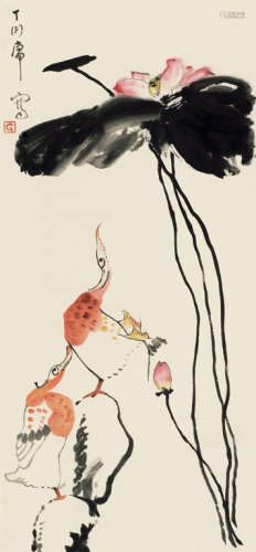 丁衍庸（1902～1978） 荷花水鸟 立轴 设色纸本