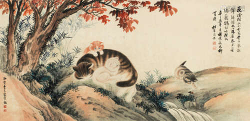 祁崑 曹克家 辛巳（1941年）作 猫趣图 镜心 设色纸本