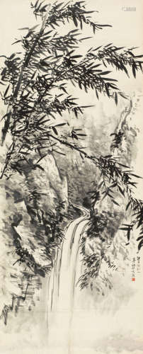 秦仲文（1896～1974） 竹林飞瀑 镜心 水墨纸本