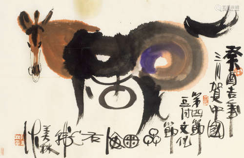 韩美林（b.1936） 癸酉（1993年）作 马 镜框 设色纸本