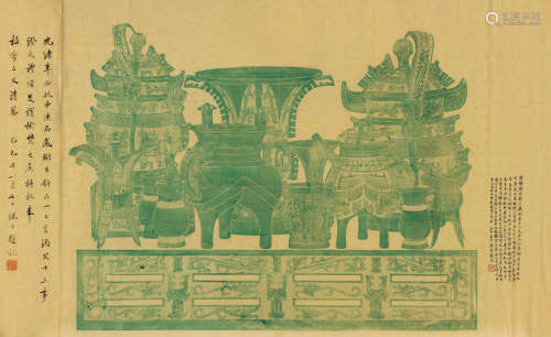 王国维 端方（1877～1927） 庚申（1920年）作 题酒器拓本 横批 设色纸本