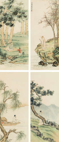 陈缘督（1902～1967） 丁卯（1927年）作 人物 四屏镜心 设色纸本