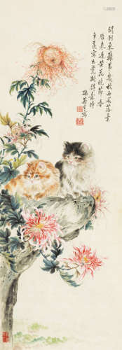 孙菊生（1913～2018） 菊花双狸 立轴 设色纸本