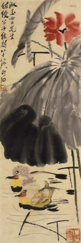 齐白石（1864～1957） 荷花鸳鸯 镜框 设色纸本